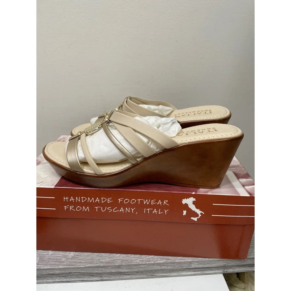 Italian Shoemakers Joann Beige Gold Multi-Strap Wedge Sandals Made in Italy 8.5M
